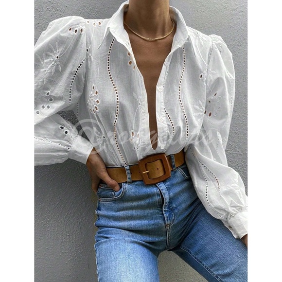 White Boho Eyelet Shirt, French Style Collar Button Front, Eyelet Embroidery - Picture 2 of 14